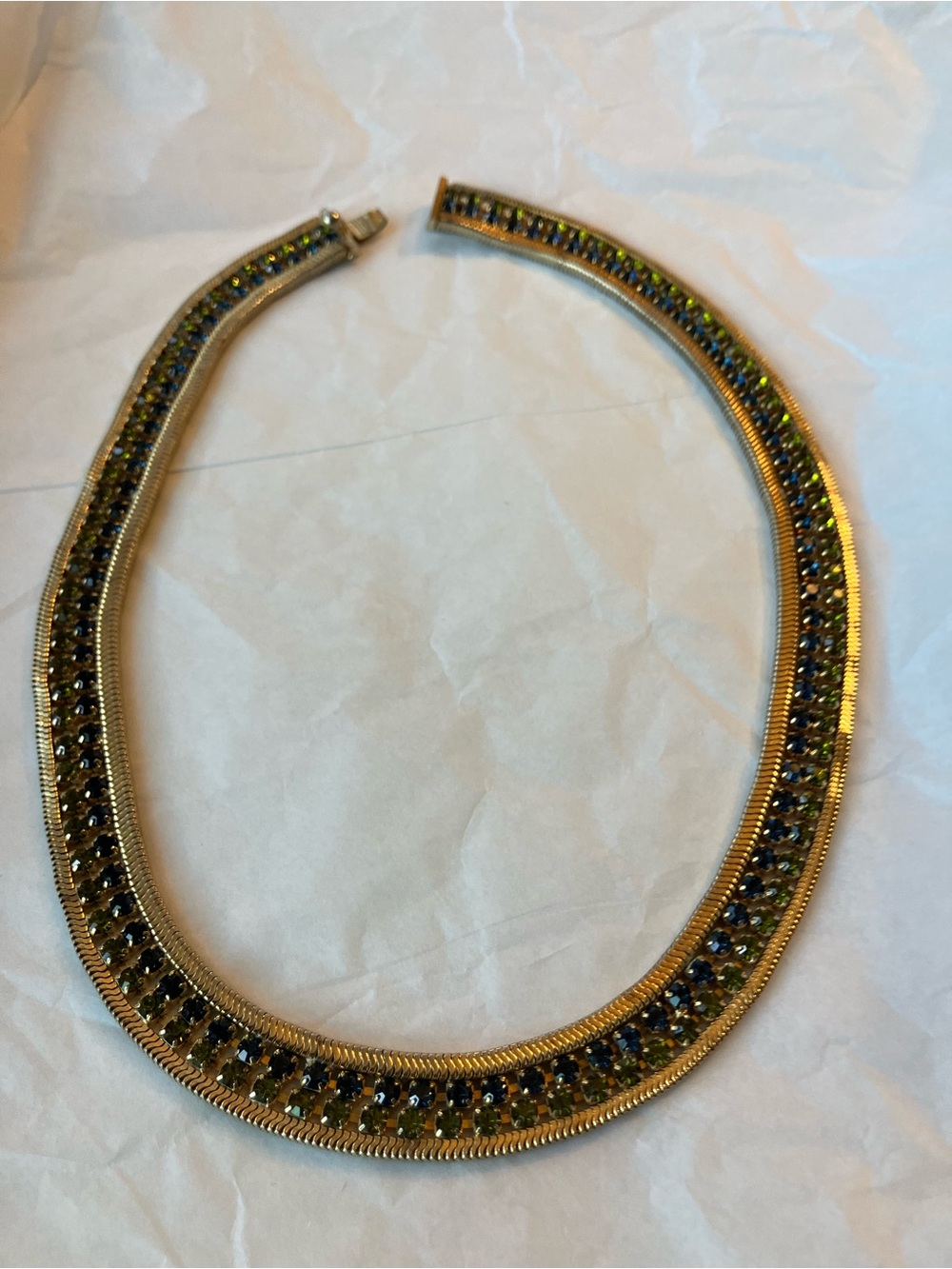 Vintage Signed HOBE Blue Green Rhinestone Gold Mesh Choker Necklace